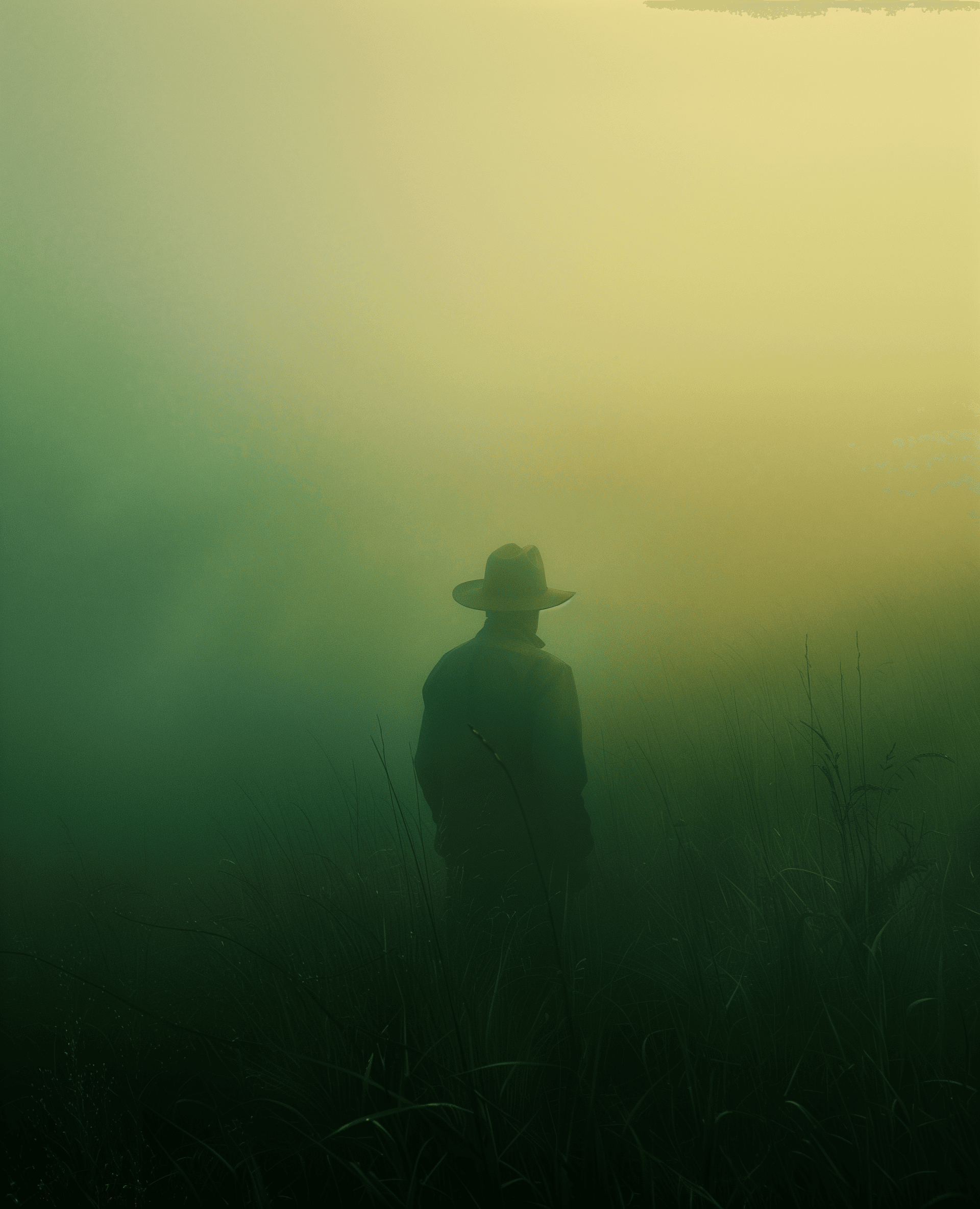 AI generated: A lonely cowboy in the grassland, a foggy day film in the Wong Kar Wai style, foreground blur, dista...