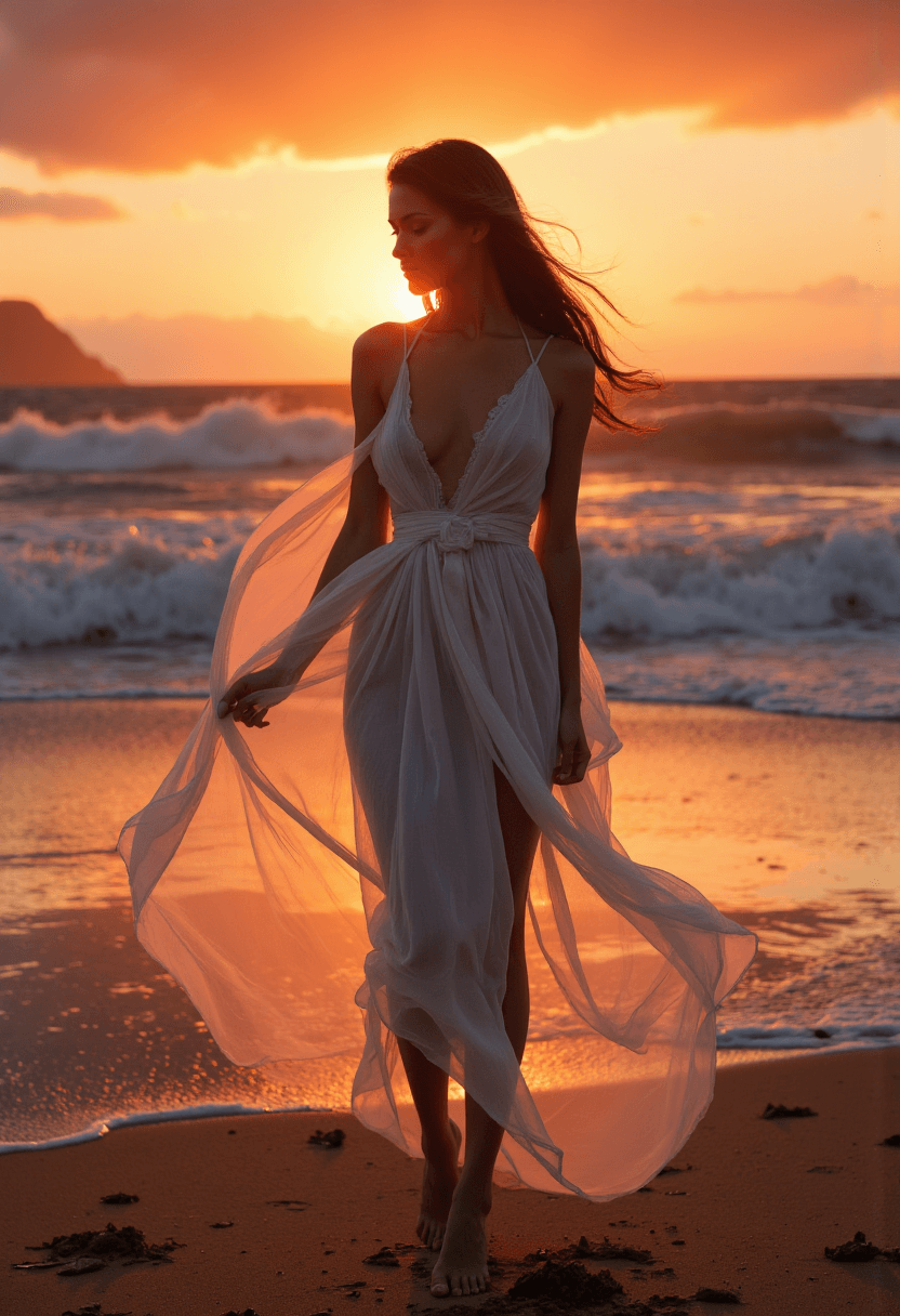 AI generated: A woman stands on a windswept beach as the sun sets behind her, casting a warm glow of golden orange...