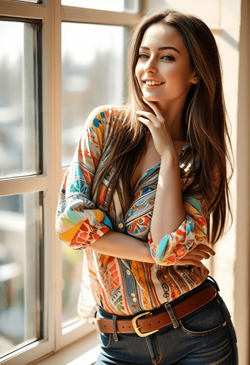 AI generated: photograph of an amused woman standing next to a large window, one arm across her torso, one hand to...