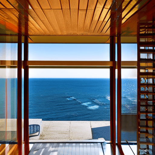 AI generated: Hyper realistic eye level exterior photo of a mid century modern style house overlooking the ocean, ...