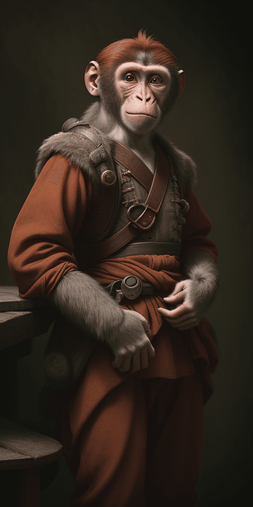 AI generated: monkey, in the style of max rive, detailed costumes, luke fildes, red and brown, realist detail, tar...