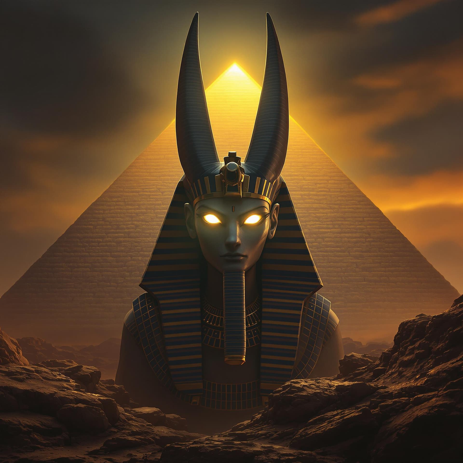 AI generated: anubis god egypt, background pyramid, glowing eyes 
