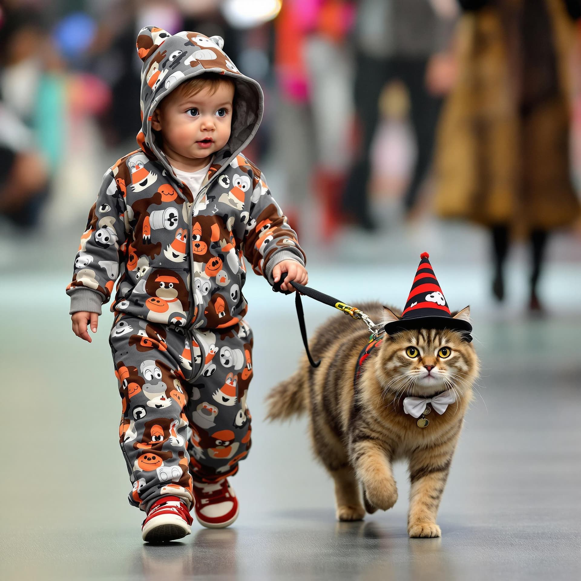 AI generated: A baby dressed in draggon pajamas leads a pet cat on a leash while walking at a fashion show, the ca...