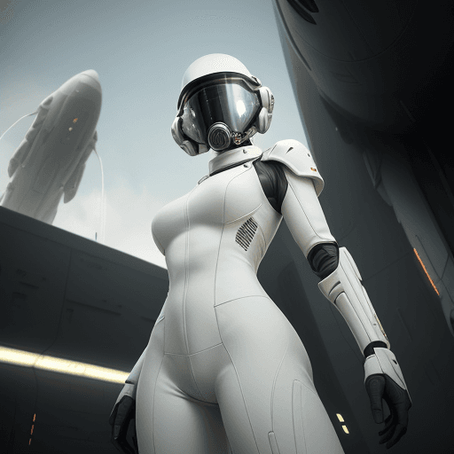 AI generated: armed female figure in a white sci-fi suit (tight jumpsuit), at the spaceport, against the backgroun...
