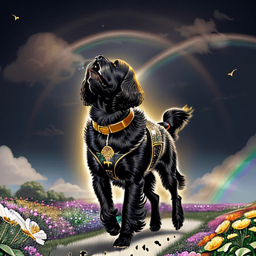 AI generated: illustration of In the vast golden sky, an adult all-black Cocker Spaniel walks gracefully among the...