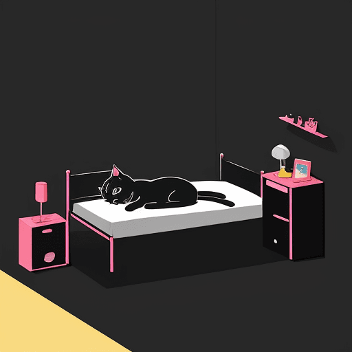 AI generated: illustration art, series of simple, colorful, cat women, sleeping room, bed, exaggerated, solid-blac...