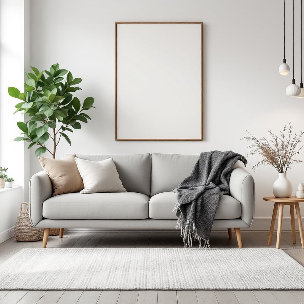 AI generated: A comfortable grey sofa in a bright, minimalist living room with light-colored textured rugs and dec...