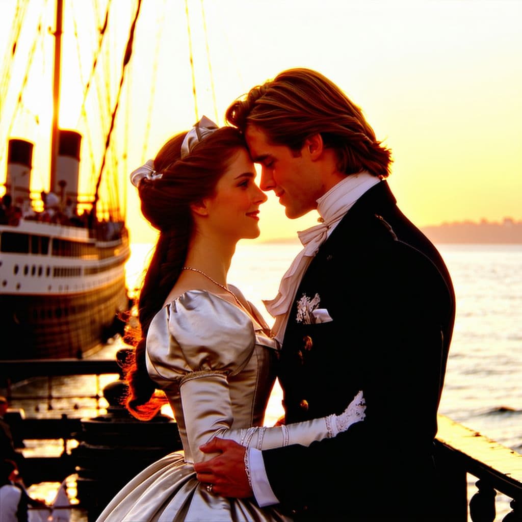 AI generated: photograph of Jack Dawson and Rose dewitt Bukater embracing on Titanic ship at sunset --ar 9:16 --ex...