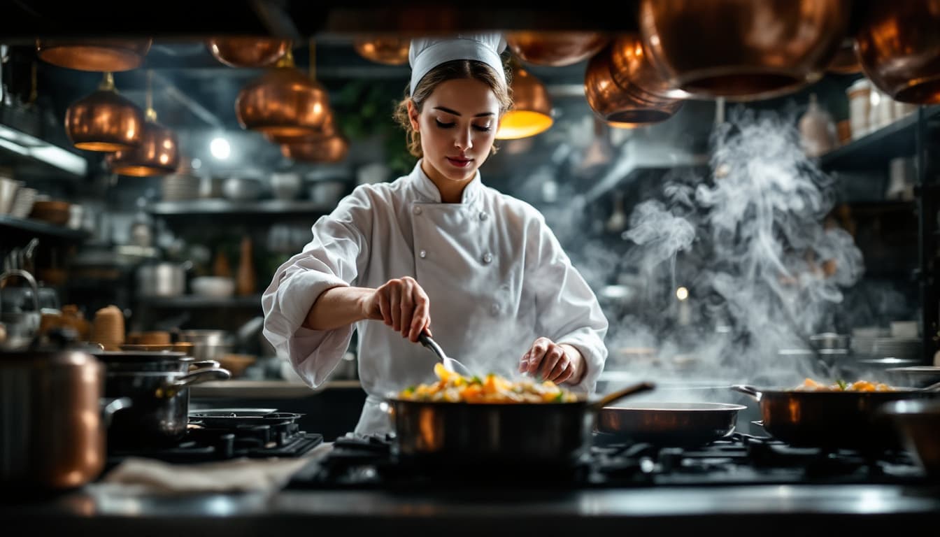 AI generated: Full body shot. female cook. Wide shot. Deep focus. (Shot at some distance:1.3) . Copper pots are ha...
