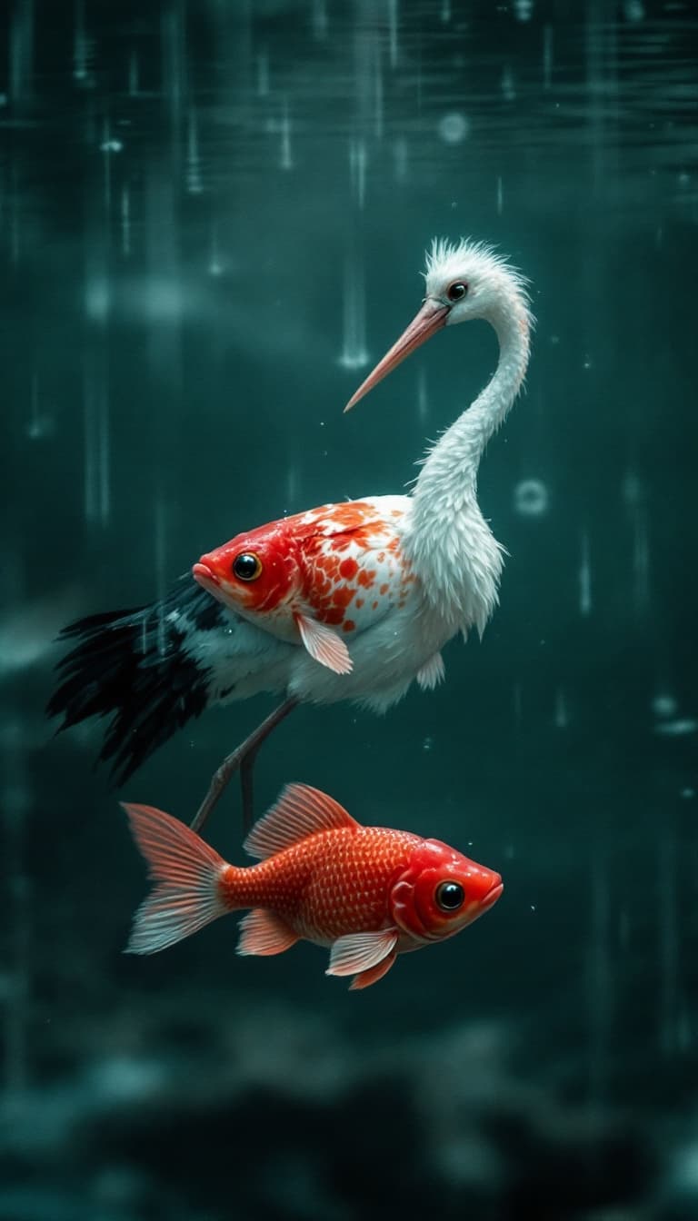 AI generated: In the water, the stork transforms into a small red fish with shiny scales. Its delicate fins still ...