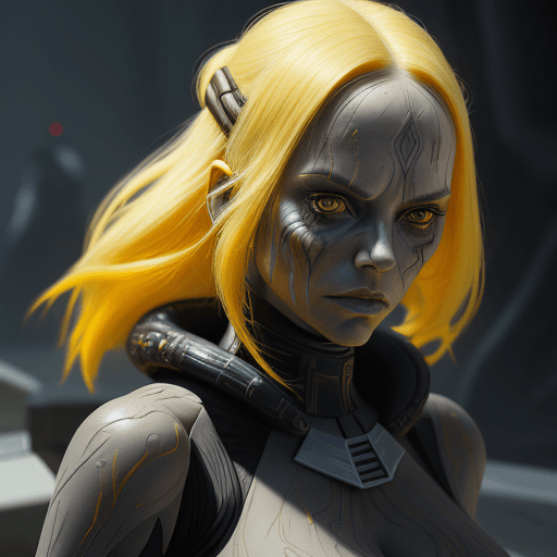 AI generated: female Sith lord from STAR WARS, yellow hair, beautiful face, detailed face, hyperdetailed, masterpi...