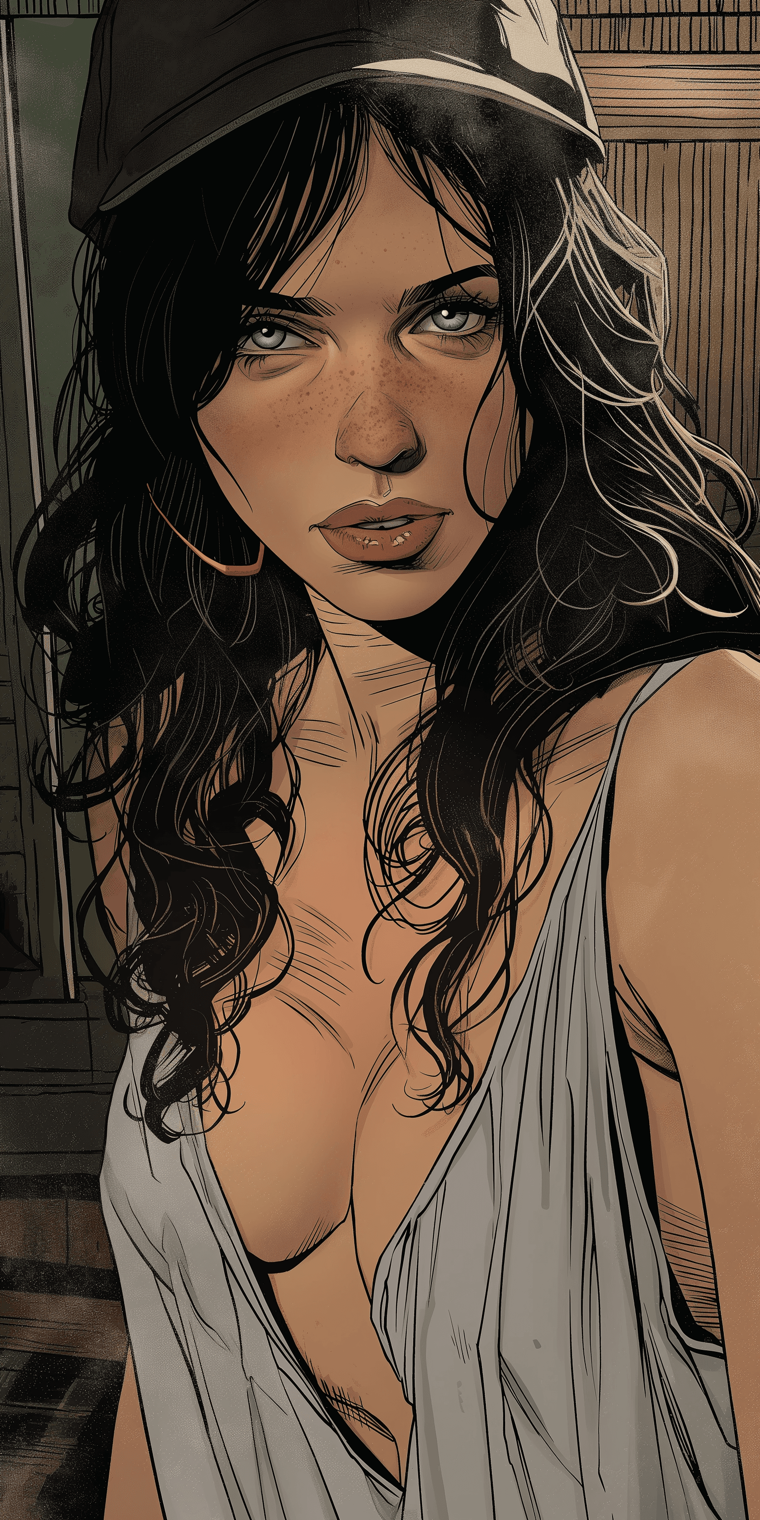AI generated: comic strip art, woman, 30 years old, high detail --ar 1:2