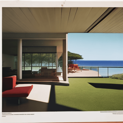 AI generated: Hyper realistic eye level exterior photo of a mid century modern style house overlooking the ocean, ...