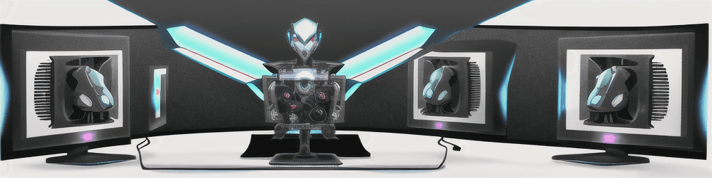AI generated: robot coming out of the monitor and holding videocard in right hand and cpu in left hand