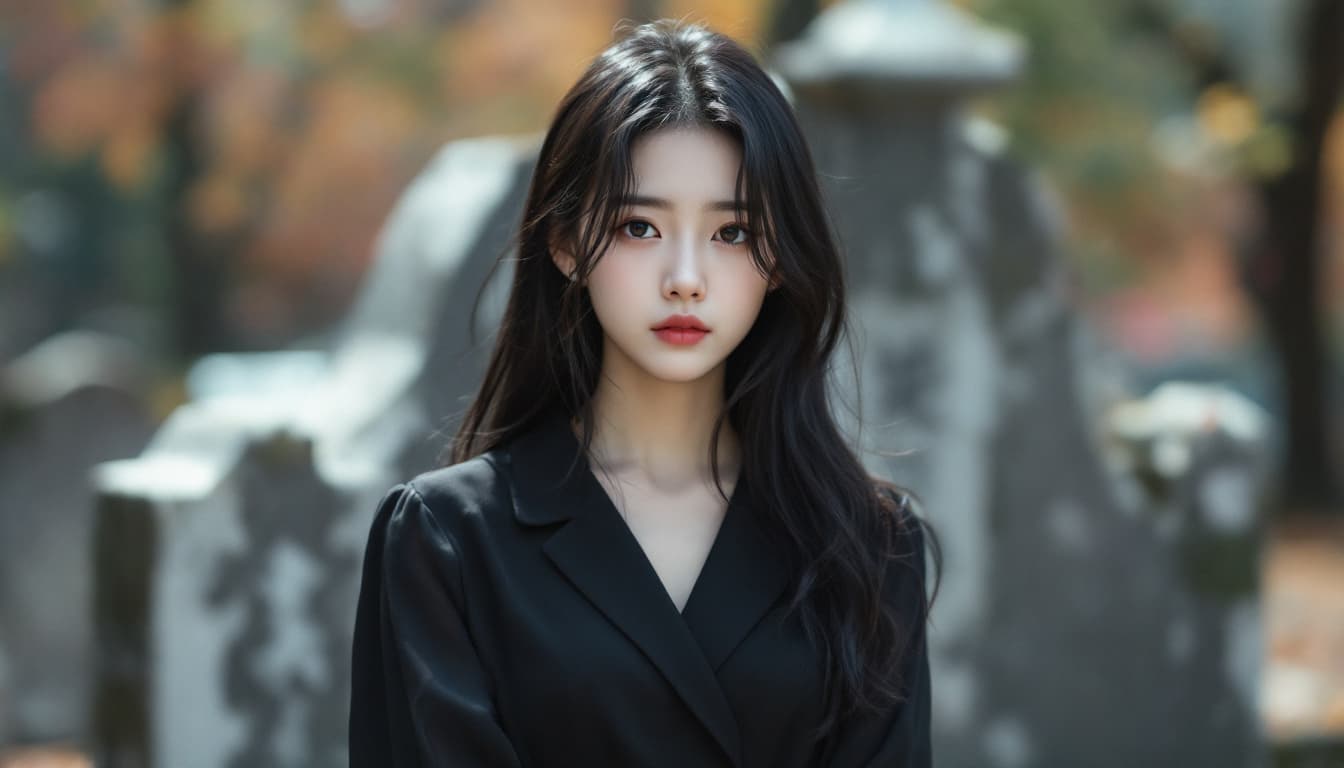AI generated: Full body photo of Risa, a Japanese girl, wearing a black dress, Make a solemn expression, black bro...