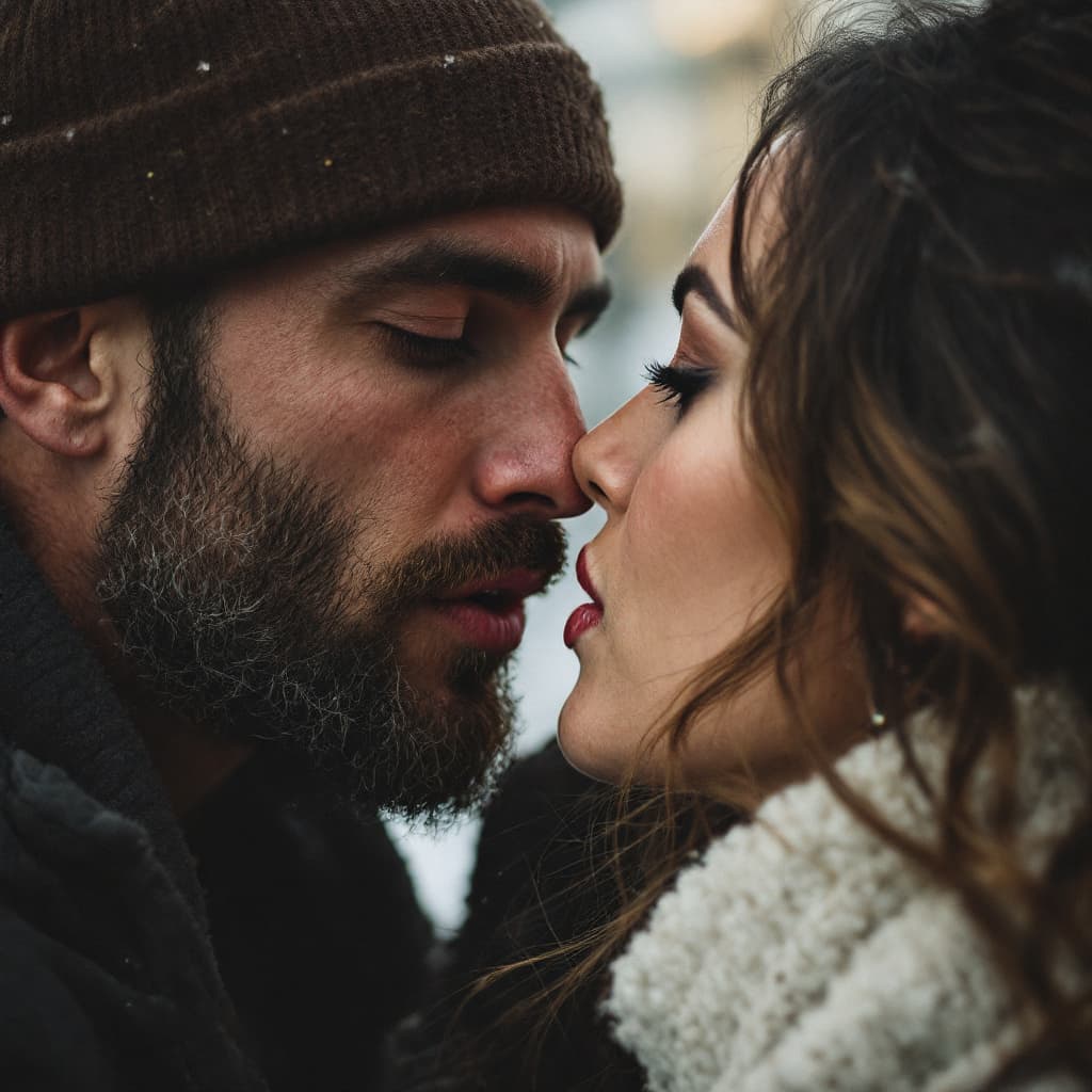 AI generated: A man bit in the woman lips