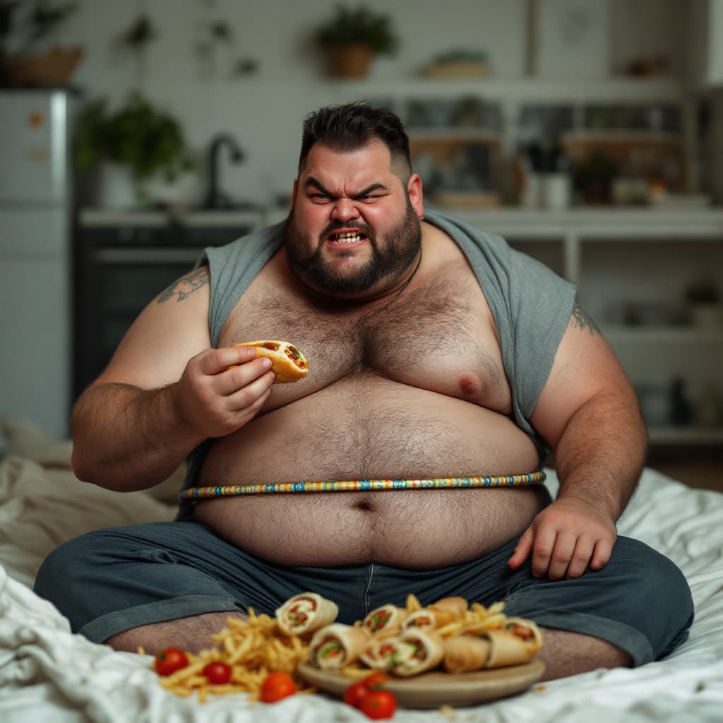 AI generated: a realistic photo of angry overweight tall guy eating five doner kebab roll at his house while with ...