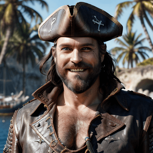 AI generated: ultra realistic fantasy character portrait, weathered male pirate captain, middle aged, handsome, st...