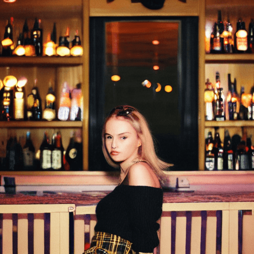 AI generated: At a bar there's a pretty lady sitting wearing a black sweater and a checkered mini skirt, volumetri...