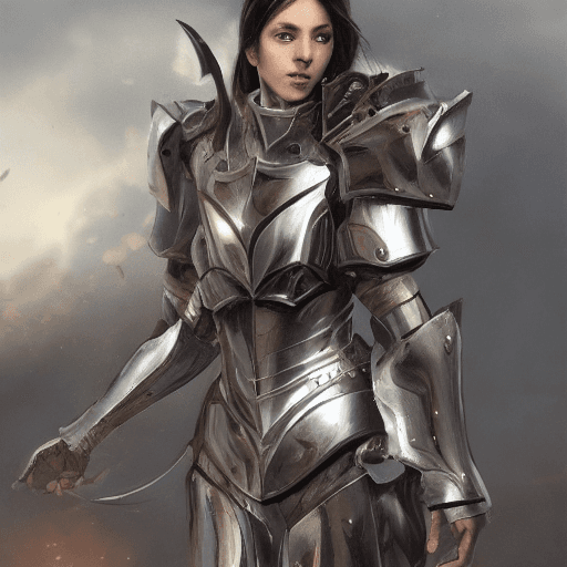 AI generated: european female, full body, walking pose, slow motion, female paladin wearing full body (light silve...