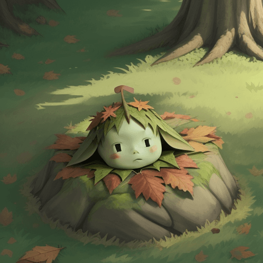 AI generated: Korok baby laying on a pile of leafs