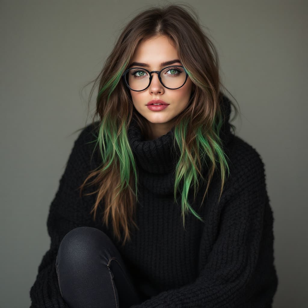 AI generated:  a female, brown hair with green highlights, green eyes, glasses, wearing a black knitted cowl sweat...