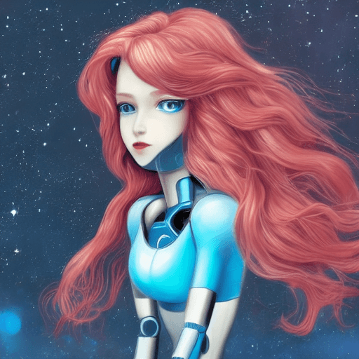 AI generated: a beautiful girl in the image of a robot with lush hair and big blue eyes in the quantum world
