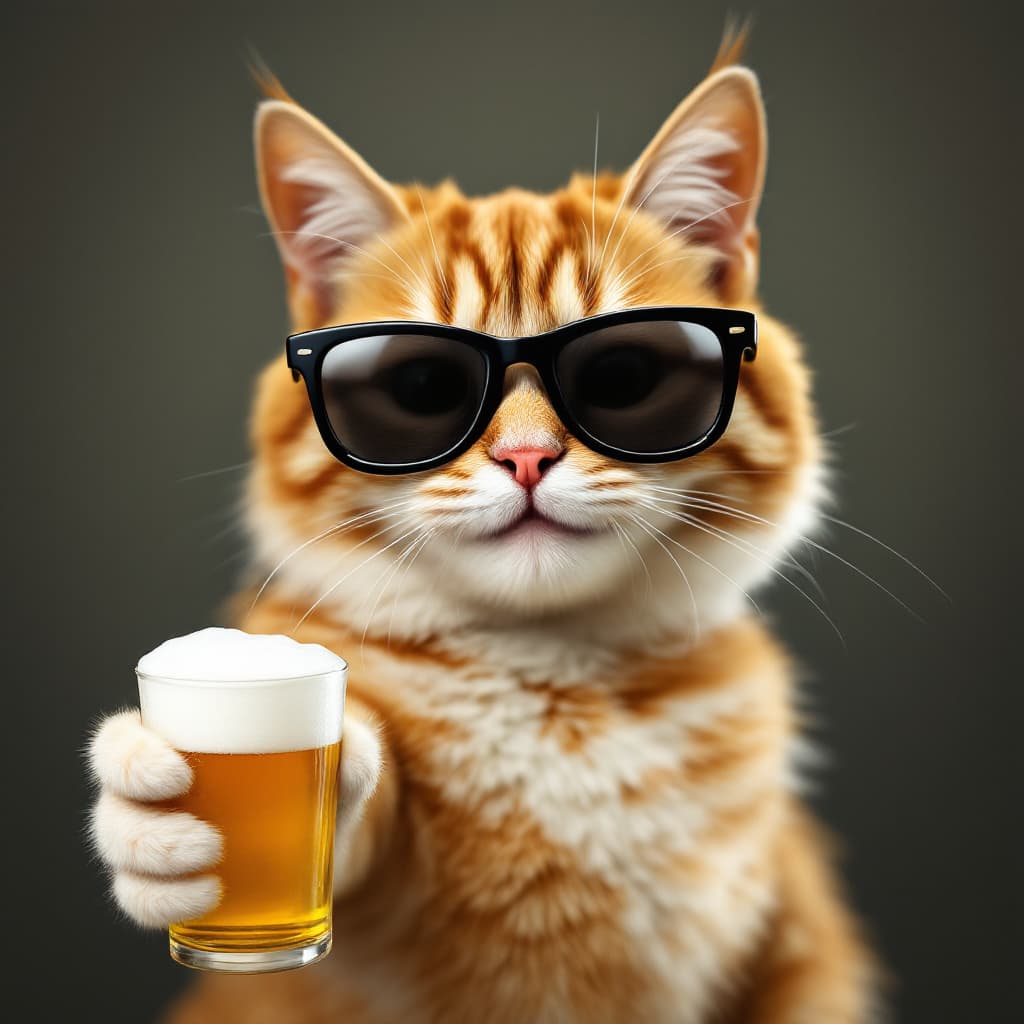 AI generated: A smiley cat with dark glasses and a beer in hand pointing towards the camera”