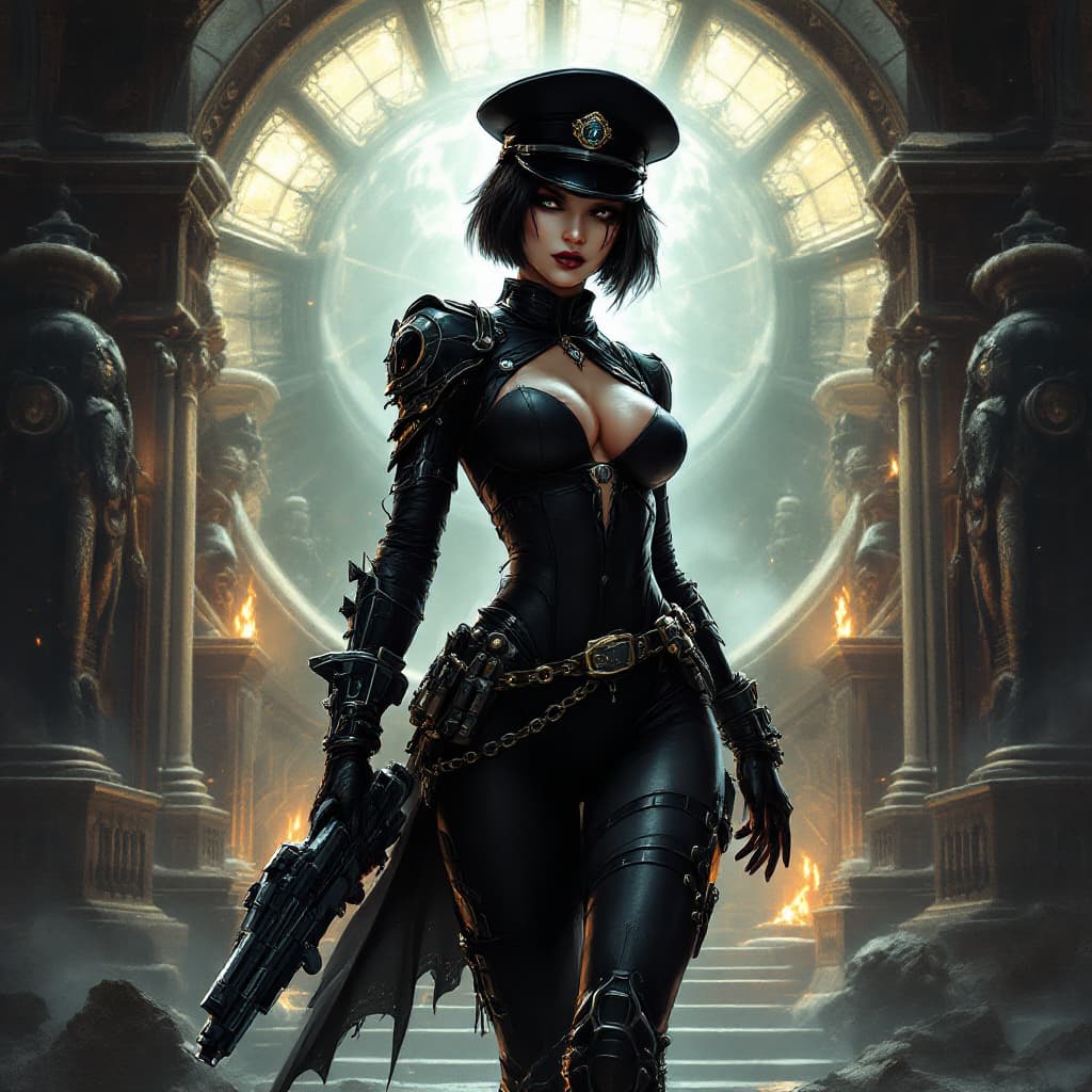 AI generated: artwork in the grimdark style of warhammer 40k of a sexy female comissar, standing infront a gothic ...