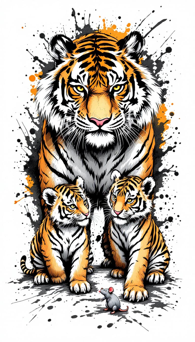 AI generated: a tiger and two tiger cubs, and a oversized mouse,ferocious, detailed,full-body shots,ink style,Ink ...