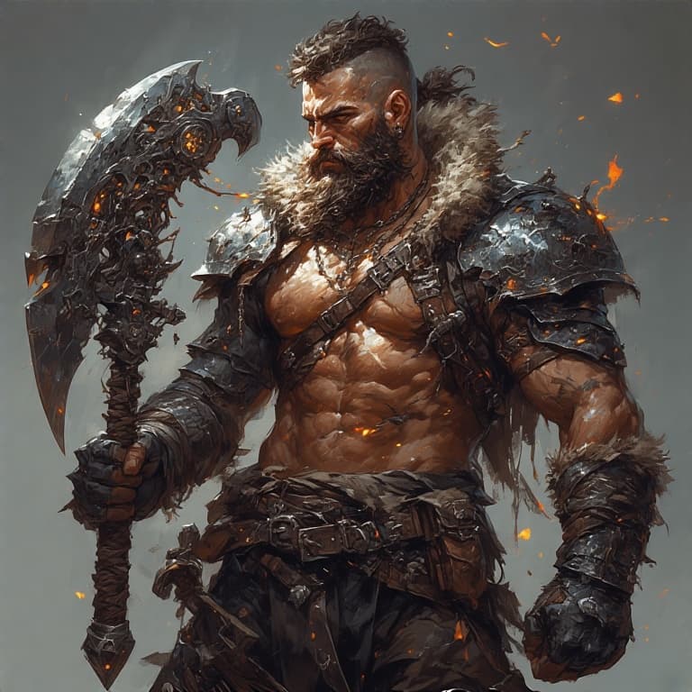 AI generated: A brave, muscular, punkish warrior with shaggy hair and tattoos chronicling his exploits. He holds a...