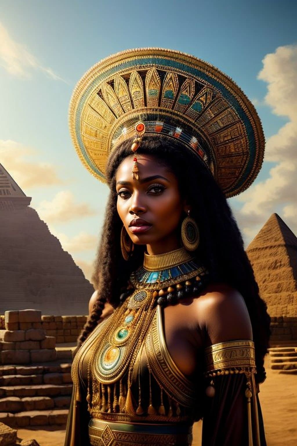 AI generated: a woman with a big headdress and a big feathered hat on her head is standing in front of a pyramid, ...