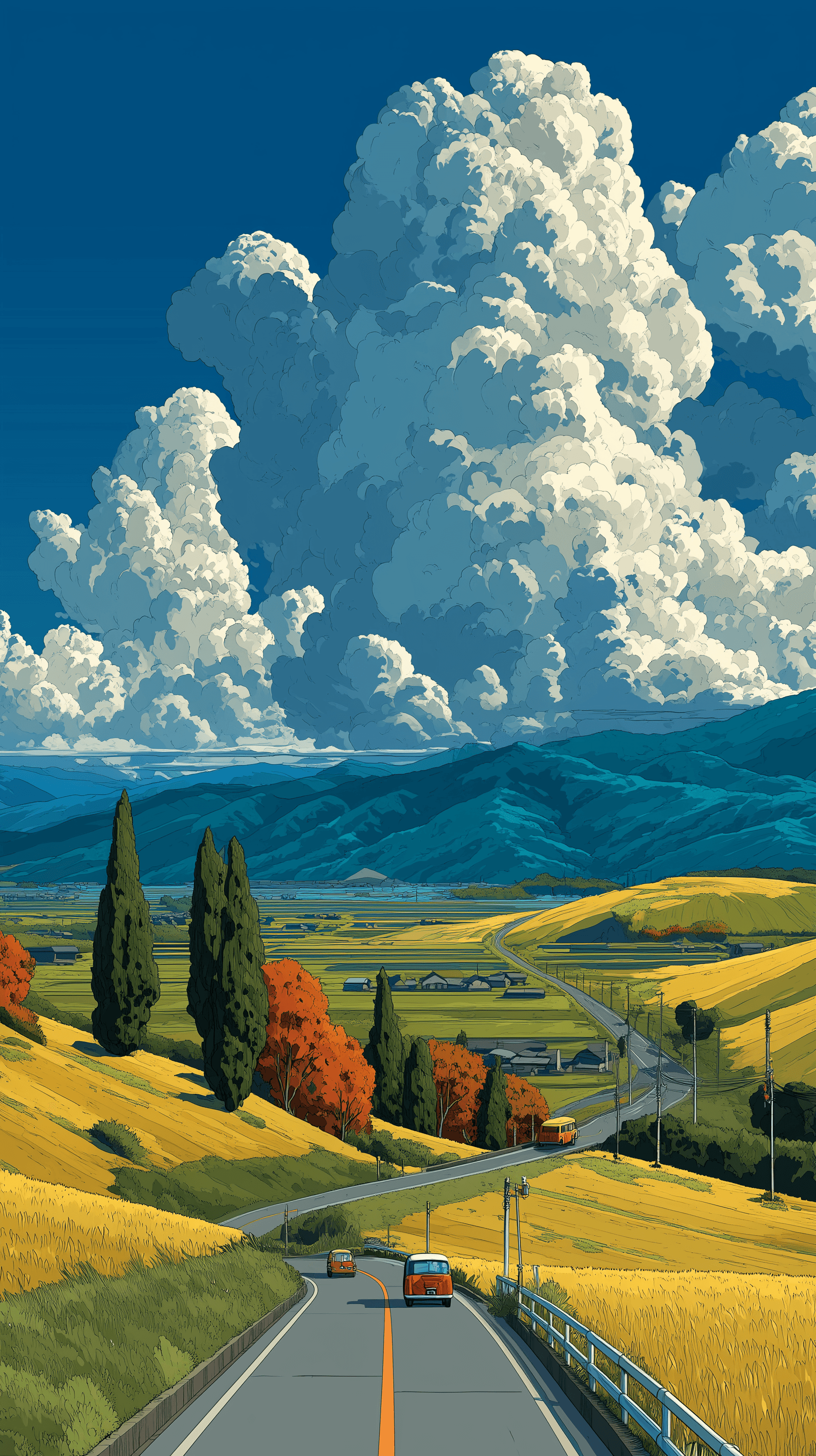 AI generated: iyashikei style countryside art, mountain expressway curving over valley, autumn sky with towering f...