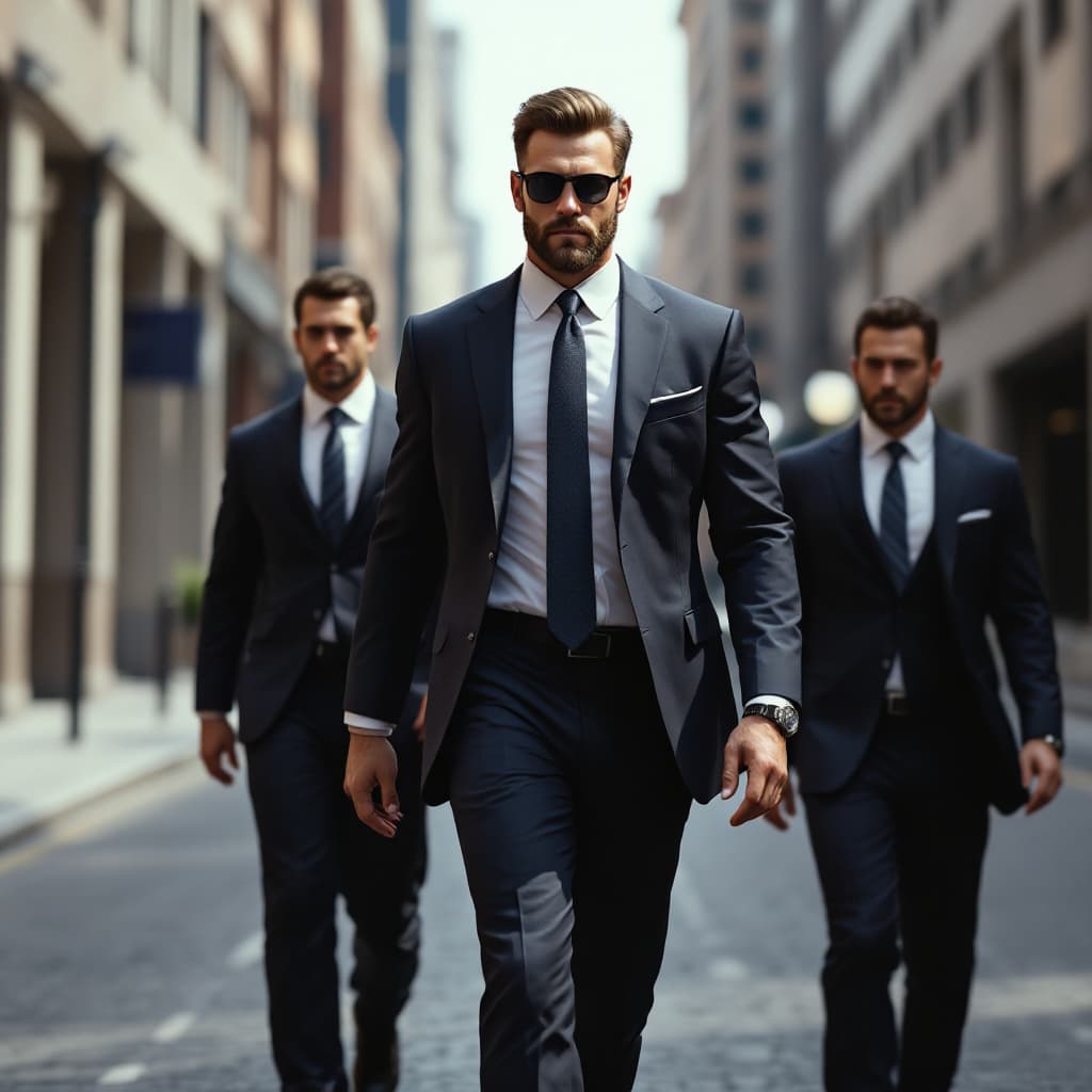 AI generated: A beardless, muscular and rich man, without glasses, walks along a wide street, accompanied by two s...