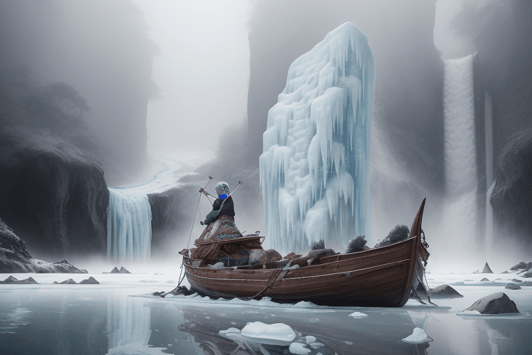 AI generated: Stunning visual photo of an older worrier woman, a Unconventional boat made of empty Plastic bottles...