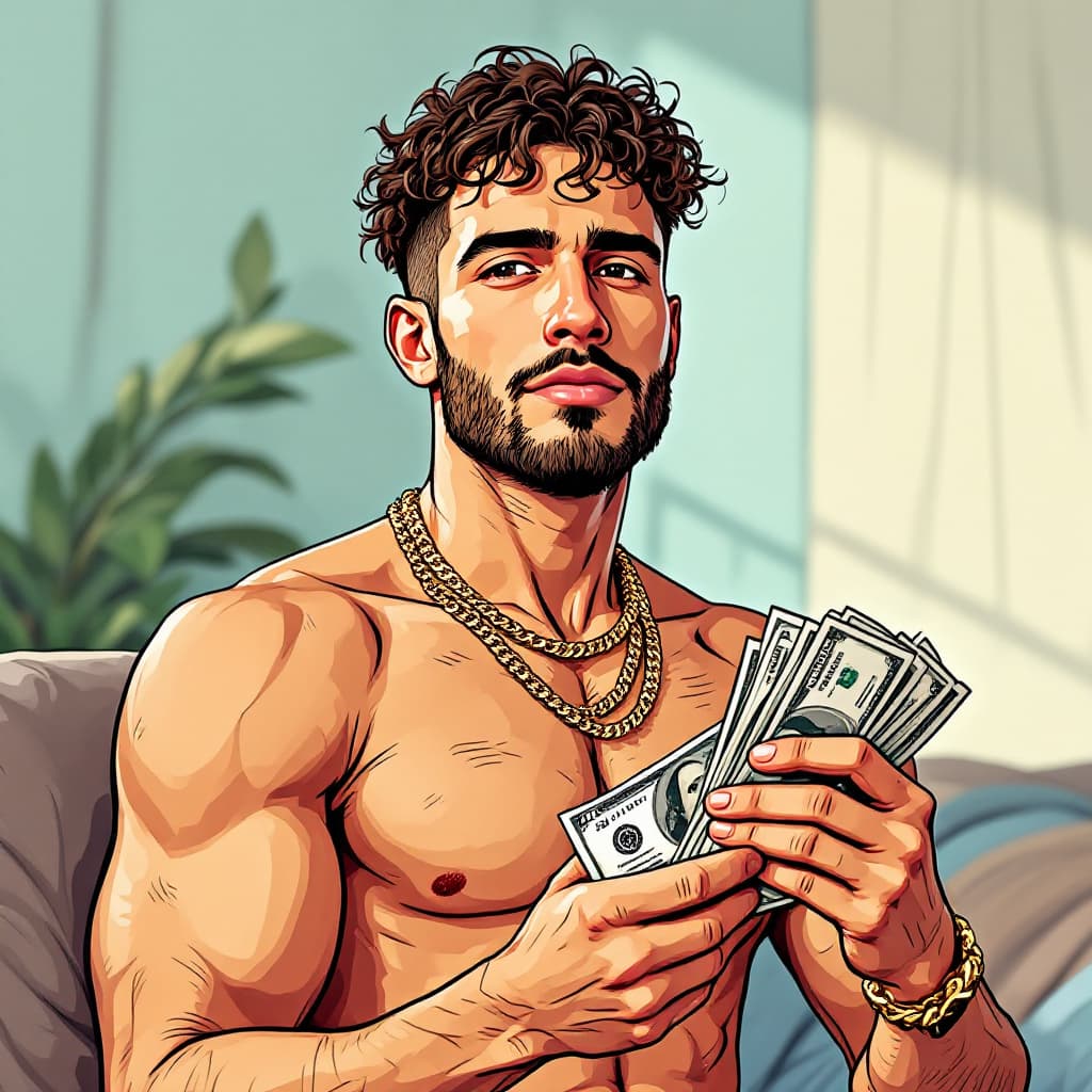 AI generated:  A shirtless man with gold chains around his neck,with short curly hair, medium build, holding a sta...
