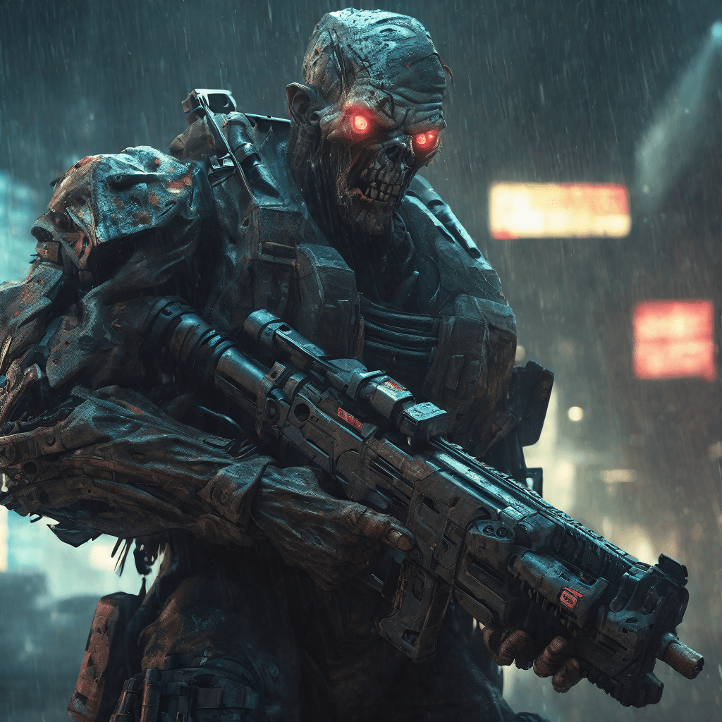AI generated: Mutant Zombie with tentakles soldier, armed, heavy gun, cyberpunk mech, huge, bulk, strong wind, hea...