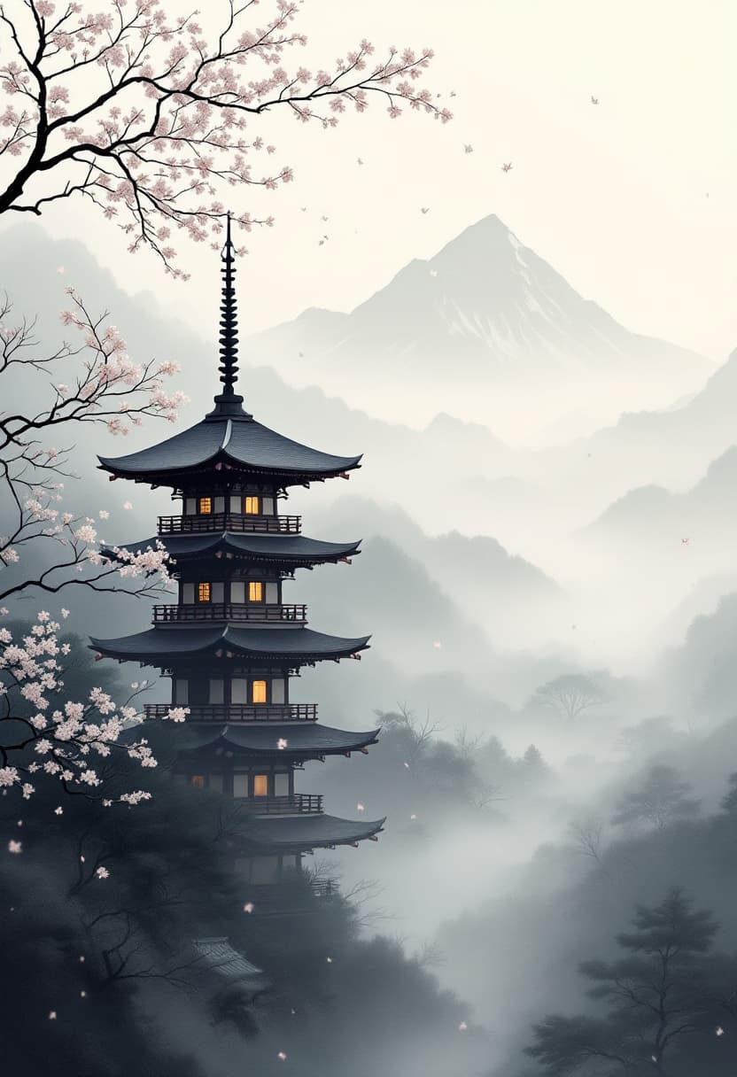 AI generated: Traditional Japanese pagoda in a foggy, ink wash-inspired landscape. Use a muted monochrome palette ...