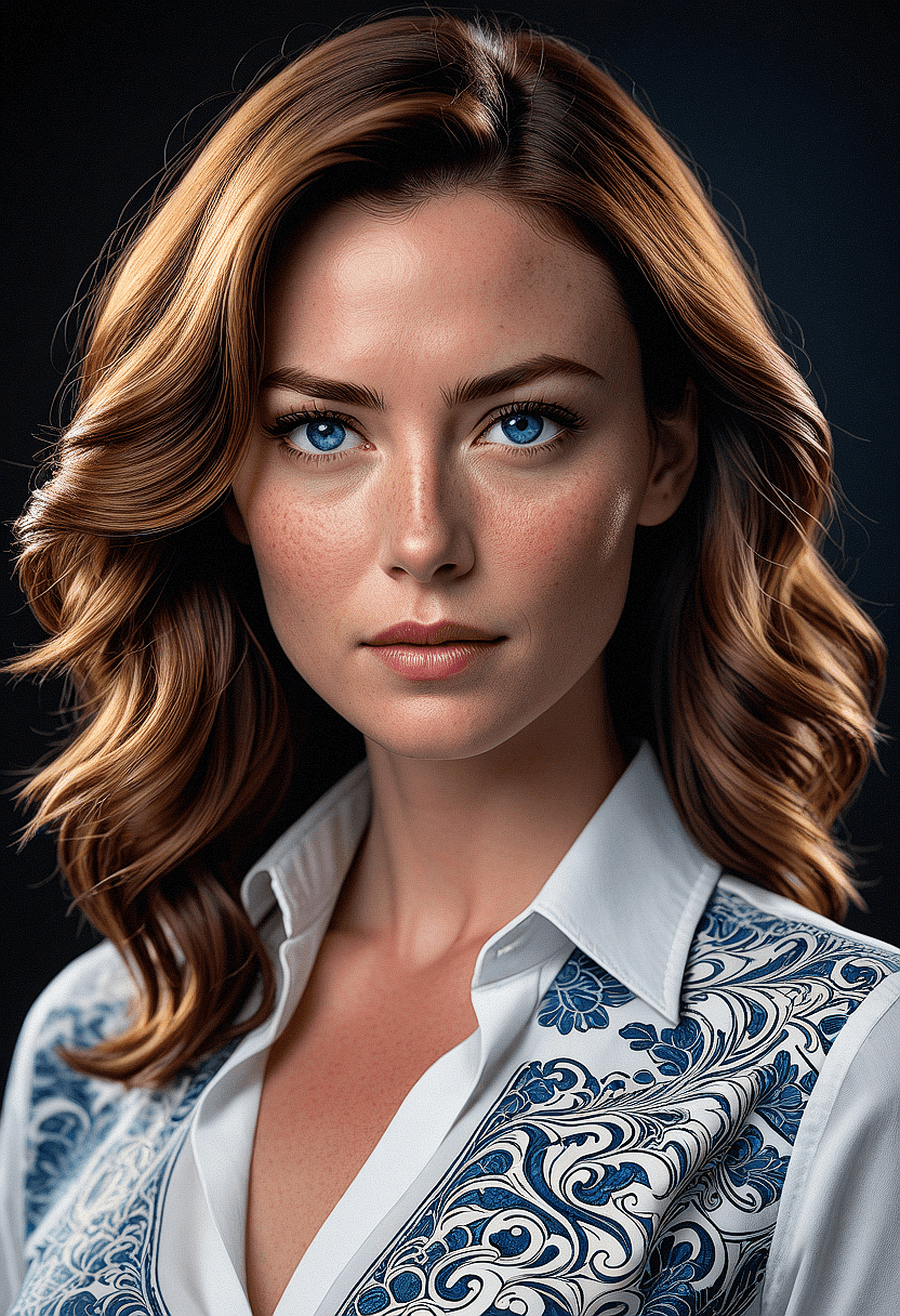 AI generated: The image features a beautiful young woman with long, curly hair and blue eyes. She is wearing batik...