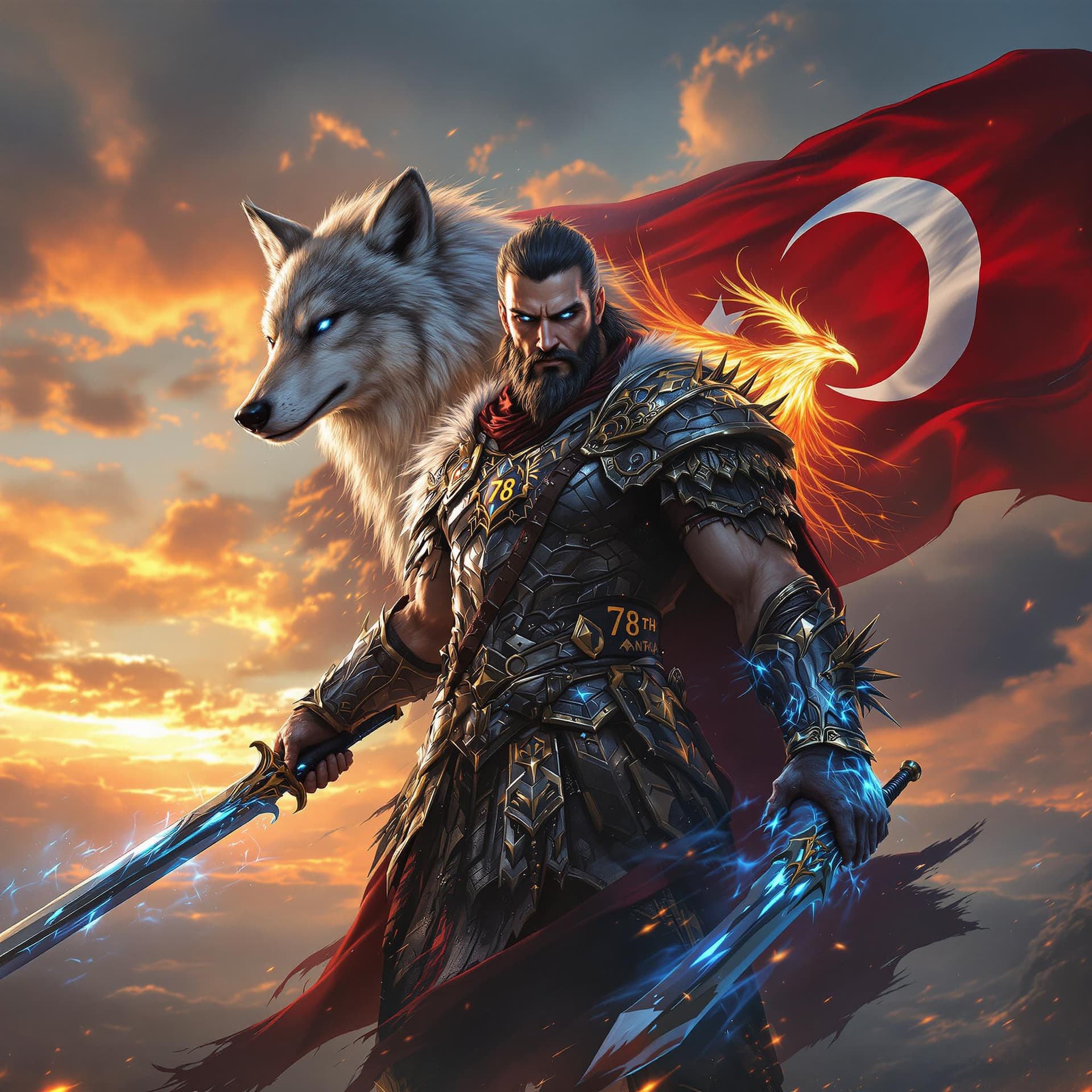 AI generated: A fierce Turkish warrior clad in traditional armor inspired by ancient Turkish mythology, holding a ...