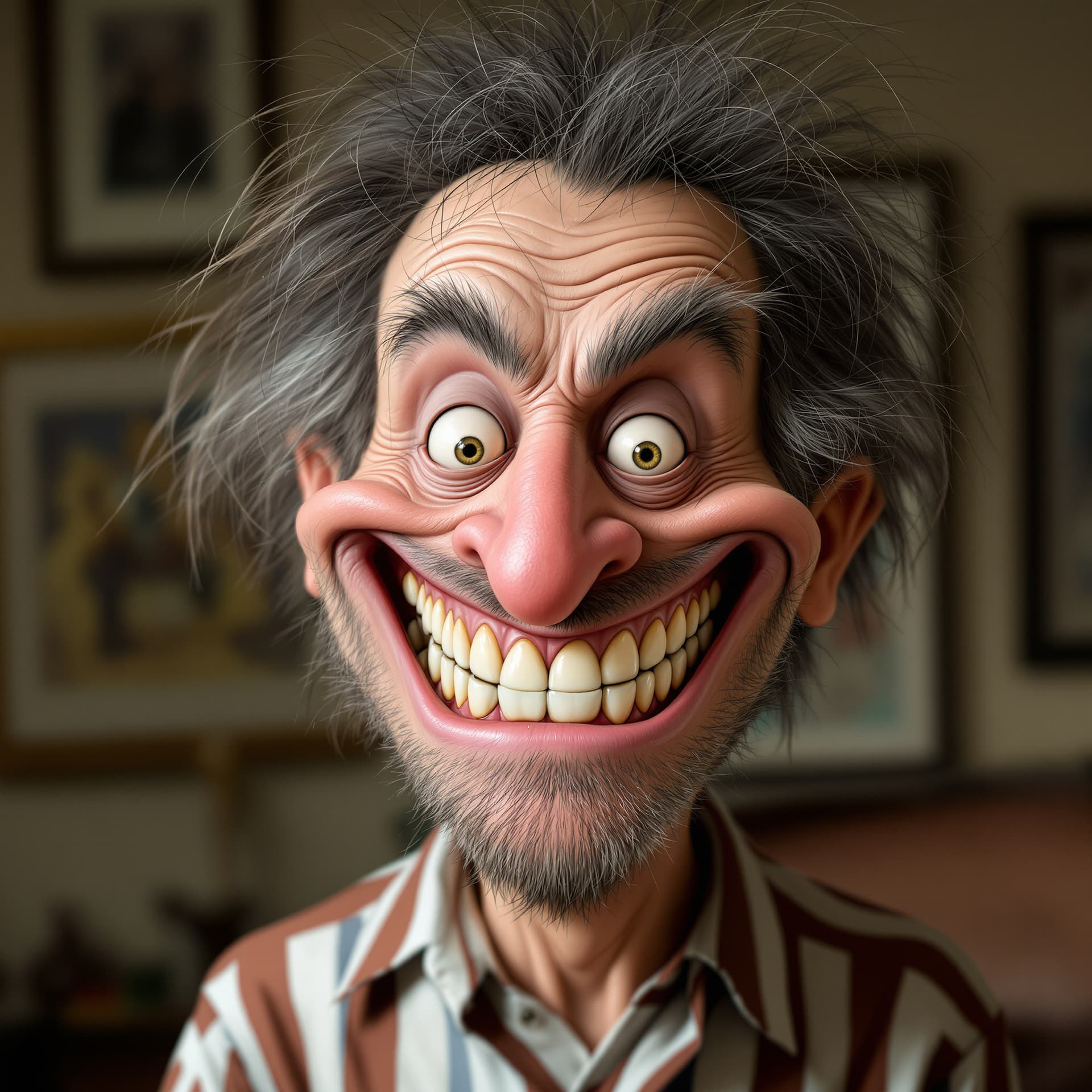 AI generated: funny caricature, exaggerated cartoon human, male, 40 years old, wild-haired, big-nosed, toothy, imp...