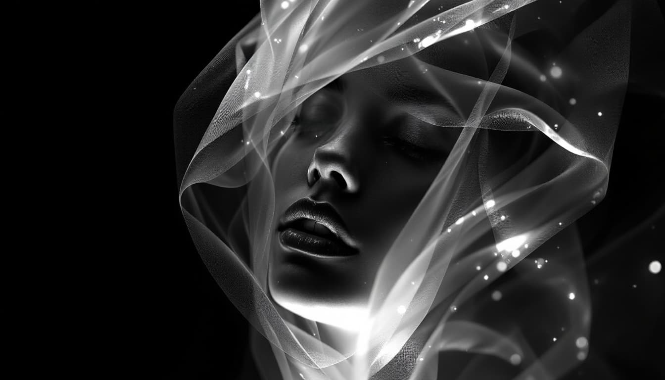 AI generated: image of a lady's face enveloped in a shroud-like material, appears to be merging with the air aroun...