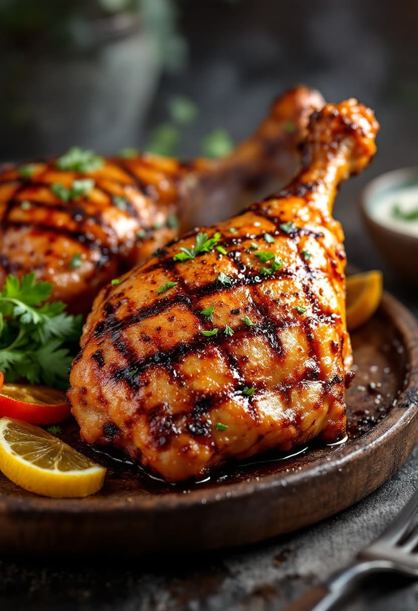 AI generated: yummy grill chicken, food photograph, food styling, long shot, lens 85 mm, f 11, studio photograph, ...