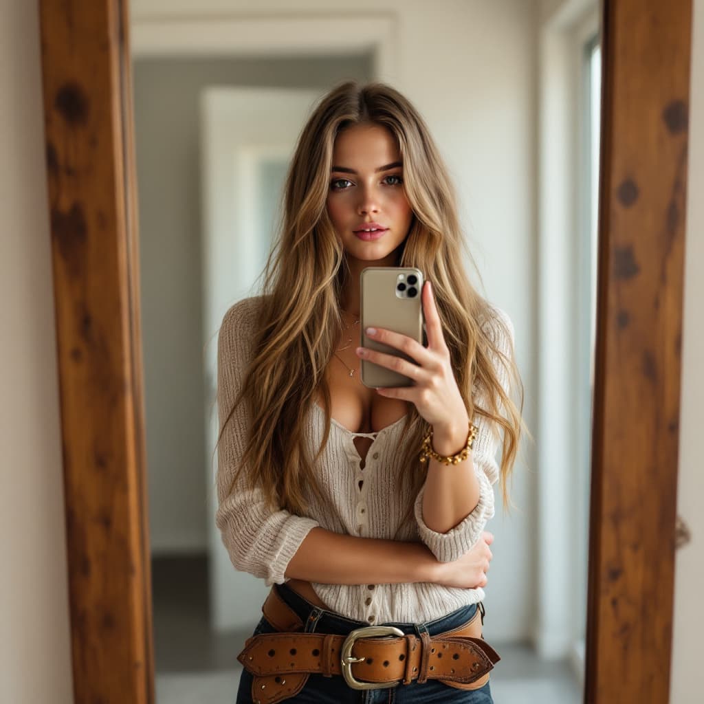 AI generated: the lovely blonde girl takes a photo with her phone of herself in the mirror, she has 16 years old, ...