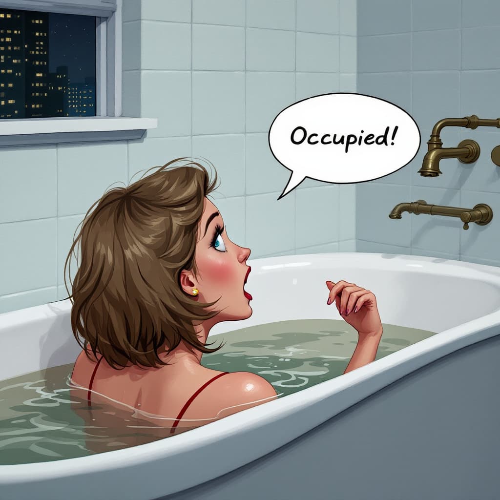 AI generated: A detailed digital illustration in the style of Dimitry Roulland, featuring a woman in a bathtub, fa...