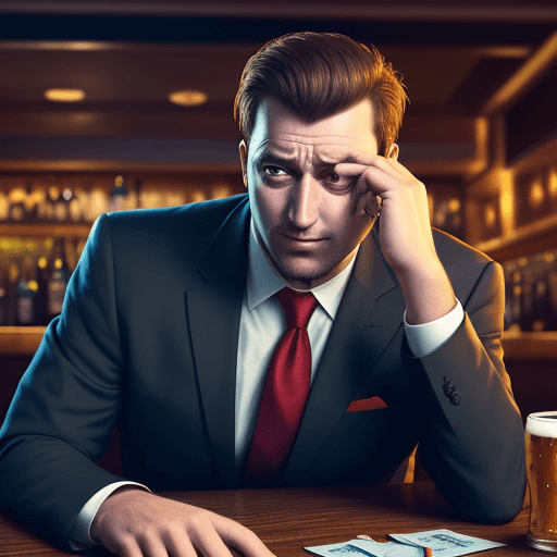 AI generated: Realistic drunk businessman in bar party with the head on the table full of beer and cigarets.