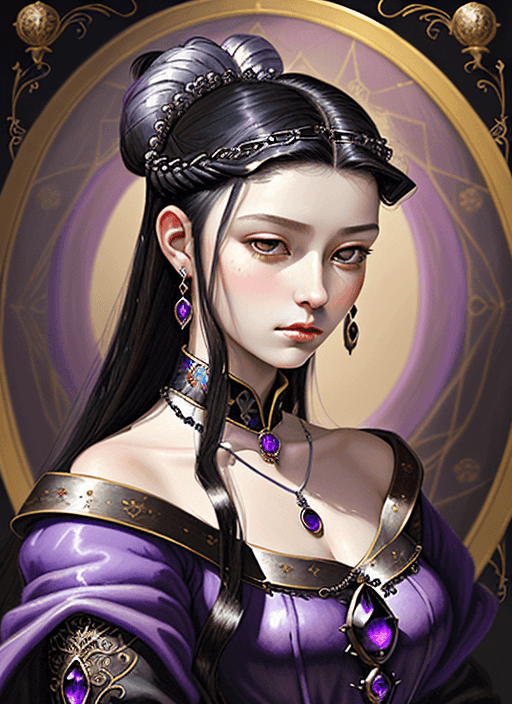 AI generated: oil painting, emperor's daughter, 16 years old, medieval ball dress, brunette hair, black hair, high...