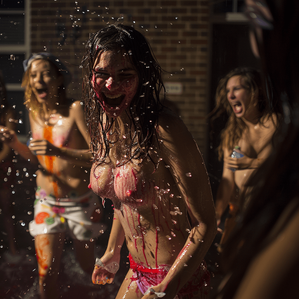 AI generated: sorority costume party The Purge and Saw , having water fight with cherry koolaid wide angle natural