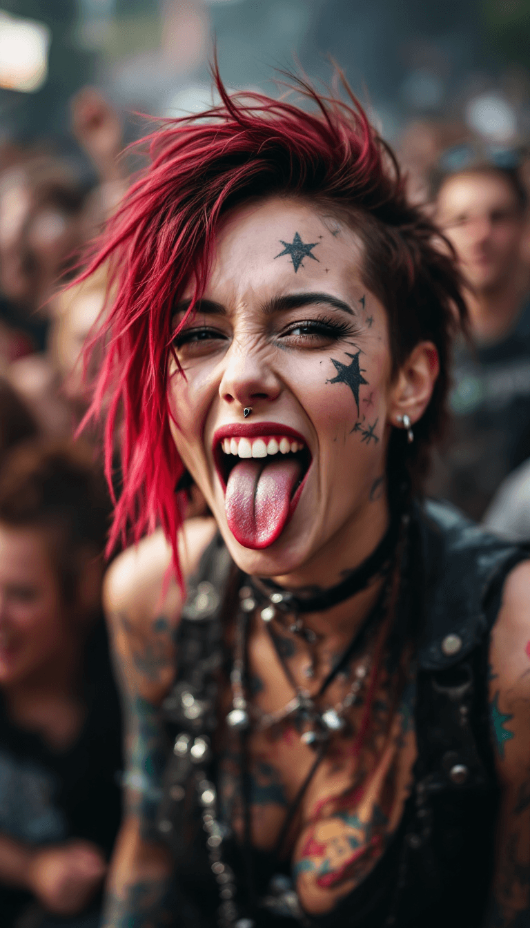 AI generated: Profootage  a punk rocker girl,her tongue is out,her tongue has a piercing in the middle,background ...