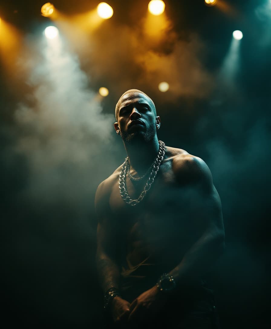 AI generated: color photography of white-skinned rapper with the chain,  from fog on stage during concert, front v...
